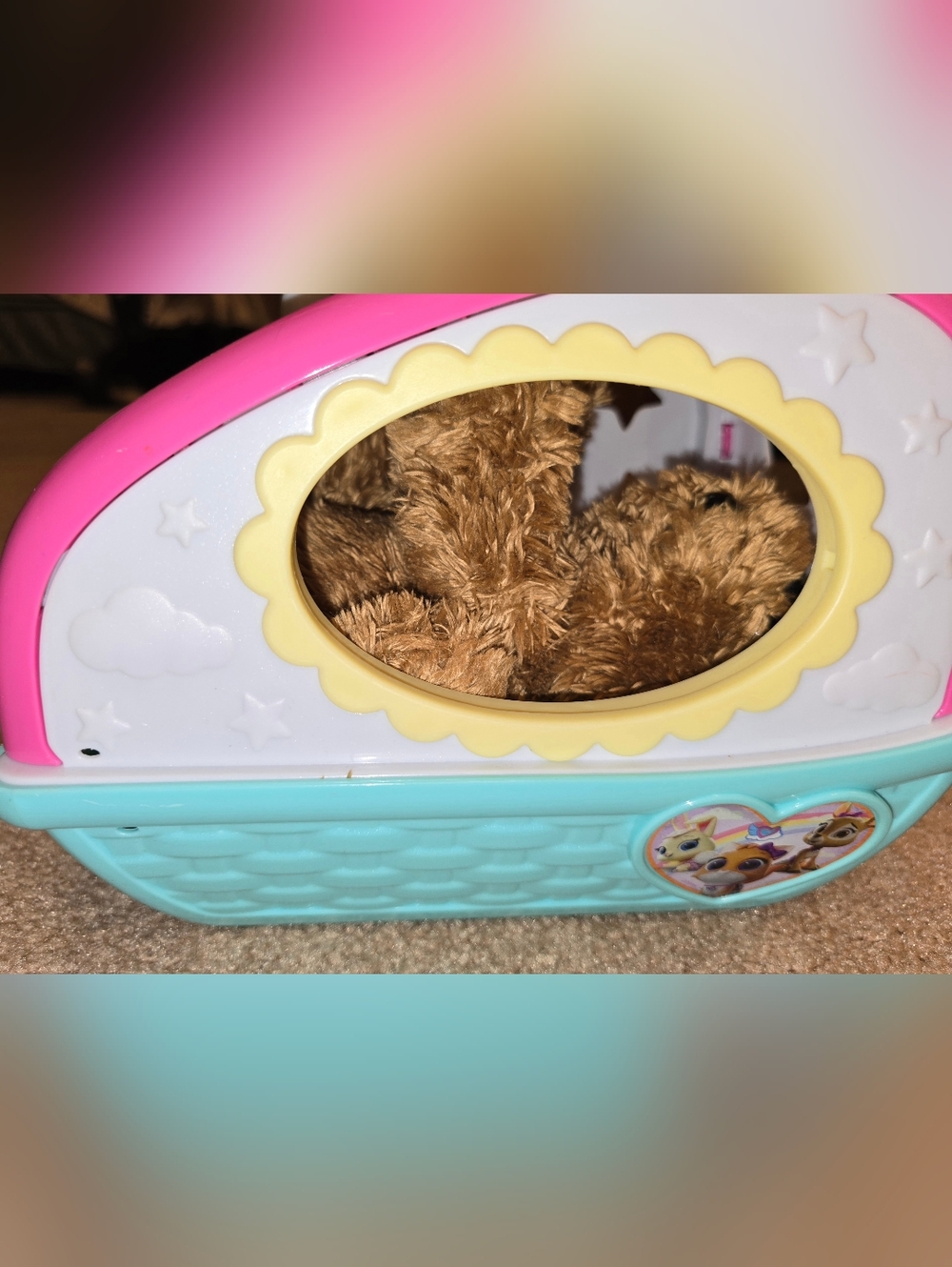Disney Palace Pet Carrier Basket Toy Turquoise Pink Plastic Case & Dog Plush